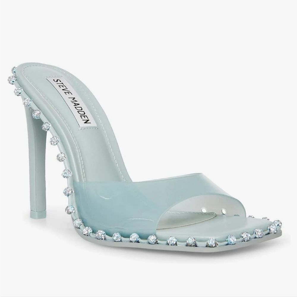 BRAND NEW STEVE MADDEN ZABRINA  OPEN-TOE SLIDE STILETTO HEEL WITH RHINESTONES